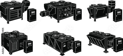 Industrial HVAC unit silhouettes, cooling systems, control panels, top-mounted fans, airflow management, schematic layout, flat vector