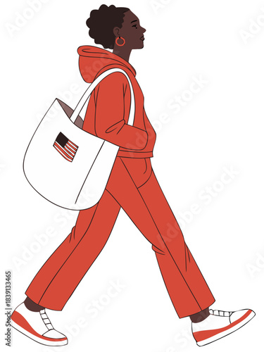Confident Black Woman Walking in Red Tracksuit with American Flag Tote Bag on transparent Background. Profile View of African American Female in Casual Fashion, Urban Lifestyle.  