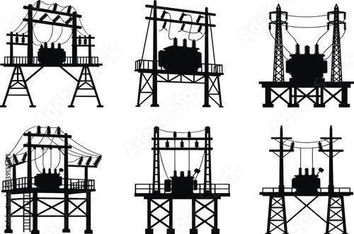Electrical substation silhouettes, transformer stations, insulators, overhead lines, voltage step units, power grid platforms, flat vector