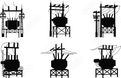 Platform-mounted transformer silhouettes, electrical infrastructure units, bushings, insulators, high-voltage lines, ladder access, flat vector