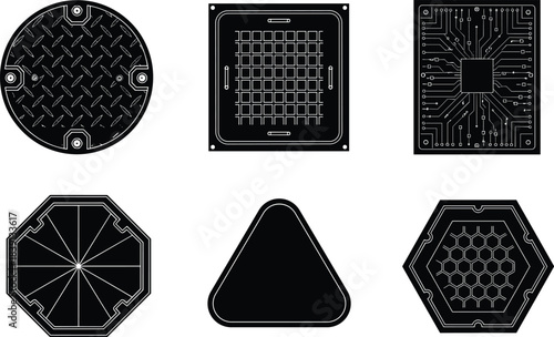 Geometric manhole cover silhouettes, urban access lids, diamond, grid, honeycomb, circuit textures, flat vector