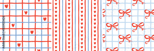 Valentine seamless pattern set with hand-drawn hearts, stripes, checkered grids, and ribbon bows in red and pastel blue. Perfect for banners, fabric design, gift wrap, stationery, notebook covers.