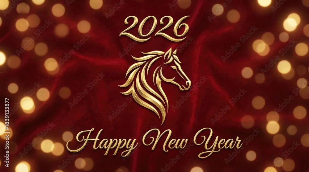 Naklejka premium The symbol of the new year 2026 is a golden horse on a red traditional Chinese background with the inscription 
