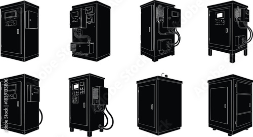 Industrial control panel silhouettes, electrical cabinets, automation enclosures, cooling units, wiring conduits, flat vector