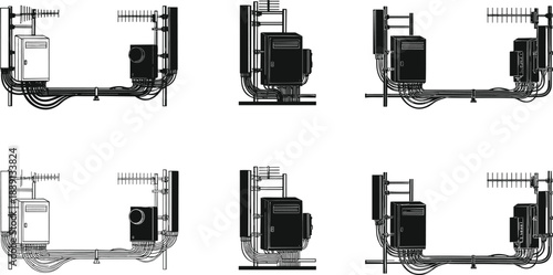 HVAC piping system silhouettes, industrial control units, compressors, wireless monitoring, conduit layout, schematic design, flat vector