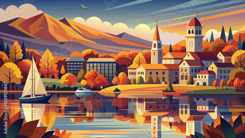 Very beautiful autumn skyline of Burlington, Vermont, with warm foliage, calm lake reflections, and peaceful small-town charm under gentle evening light, perfect for scenic seasonal artwork and travel