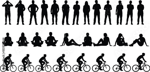 Silhouettes of diverse adult people standing, meditating, and cycling in three rows, representing active lifestyle, fitness, relaxation, and wellness vector illustration set, 