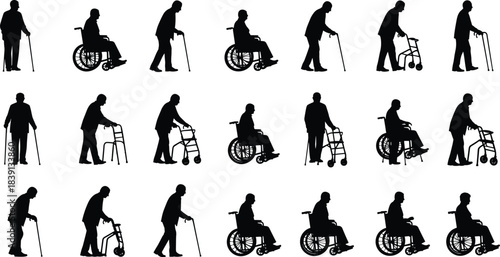 Silhouettes of elderly people with various mobility aids: seniors using canes, walkers, and wheelchairs illustrating aging, disability, healthcare,