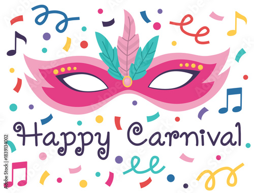 Happy carnival banner with colorful mask and confetti. Bright holiday card