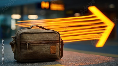 Fototapeta Naklejka Na Ścianę i Meble -  A small brown bag on the pavement with a bright orange arrow-shaped light trail behind it. Concept Urban street photography, Brown bag on pavement, Arrow-shaped light trail, Minimalist still life
