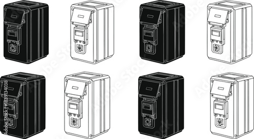 Industrial electrical control boxes, interface panels, socket connectors, schematic and silhouette styles, technical grid layout, flat vector