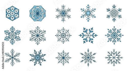 Set of Varied Blue Crystal Ice Snow Flake Shapes Vector