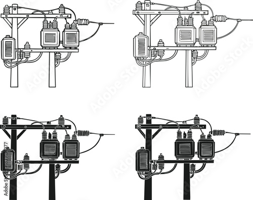 Electrical utility pole illustration set, transformer units, power lines, line art and silhouette, flat vector