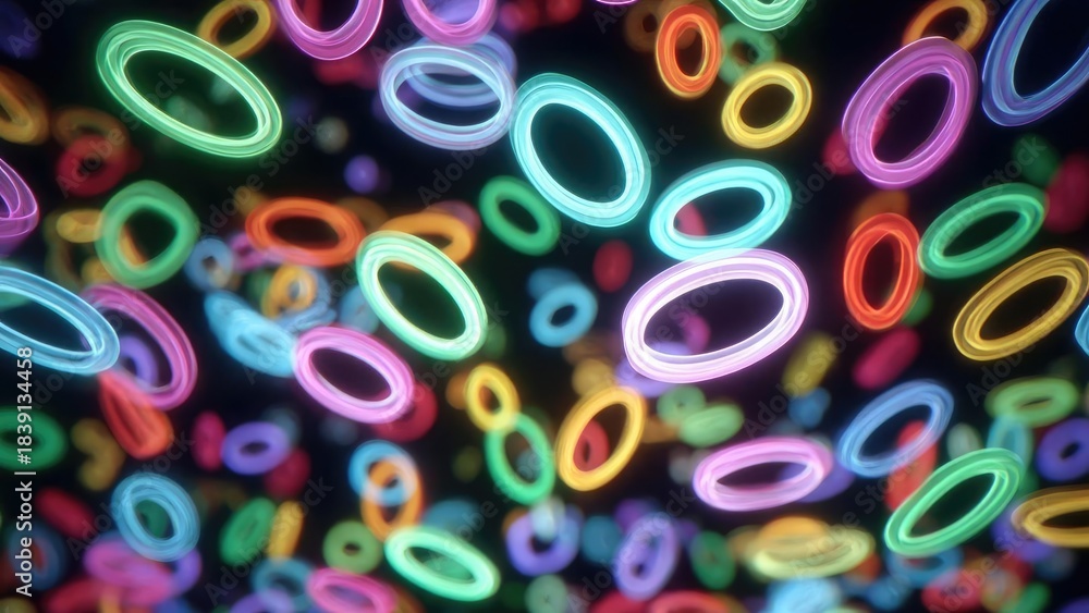Fototapeta premium Colorful glowing neon rings floating in a dark background. Concept Neon glowing rings floating in a dark background, Abstract light sculpture with colorful circular rings
