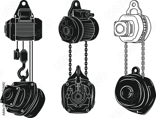 Silhouette electric chain hoists, lifting devices, industrial hooks, gear systems, motor units, mechanical tools, flat vector