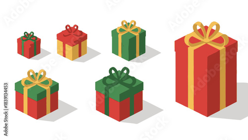 Holiday Presents Set Red and Green Isometric Illustration Vector