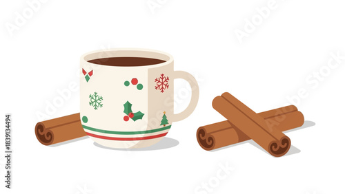 Hot Chocolate Mug with Festive Decorations and Cinnamon Sticks Vector
