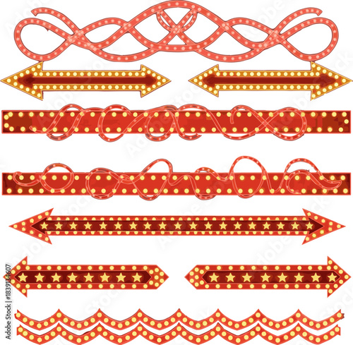 Isolated a Marquee strip set, red led light ribbons on transparent background. Realistic neon light bulb, vector illustration. vintage marquee borders collection. . vector art with white background..