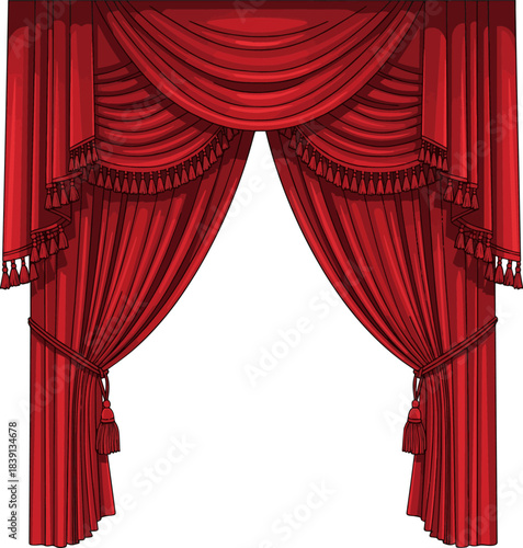 Isolated a Realistic open red theatre curtains Vector art with white background