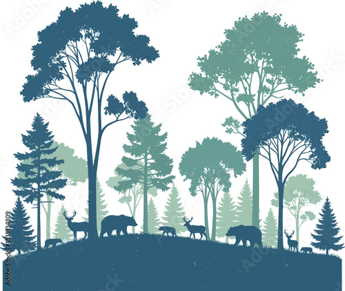 Isolated a vintage forest landscape with blue and grees silhouettes of trees and wild animals vector art with white background