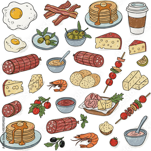 Isolated a Whimsical chalk tapas and charcuterie doodles. Quirky food of breakfast and dinner meals in crayon style. Trendy art for menus and invitations. La dolce vita italian vector art .