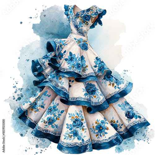 Colorful dress design with blue flowers and ruffles on a white background