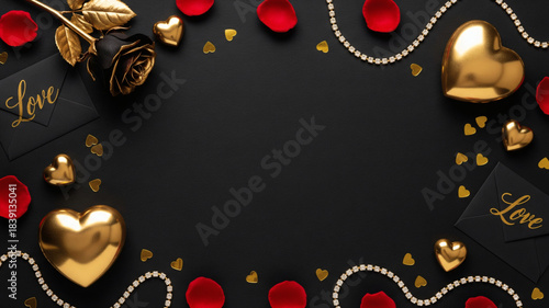 black valentine background with gold hearts and red roses on dark surface placed at edges. luxury romantic flat lay with crystal decorations. clean empty center for text.