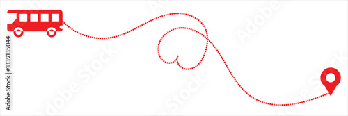 Romantic Travel Route Illustration with Bus and Pin. Minimal red bus graphic following a heart-shaped dotted path toward a destination pin, symbolizing love, journey, adventure, and travel planning.