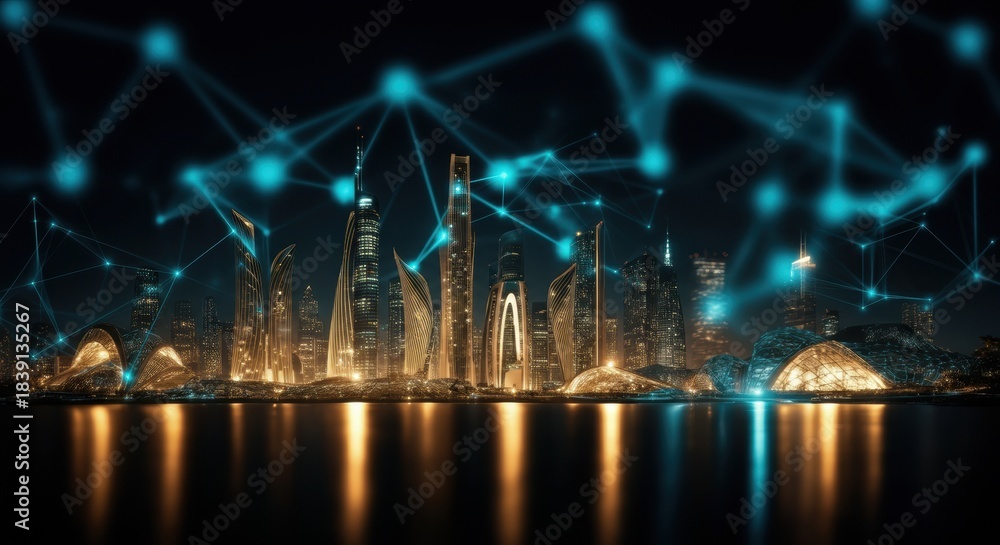 Fototapeta premium City skyline at night with glowing network lines linking illuminated modern buildings