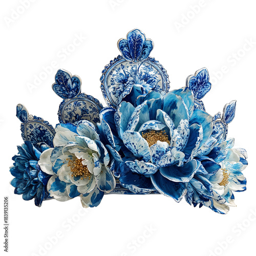 Decorative crown with blue flowers made of fabric and ceramic placed on a plain surface during daytime