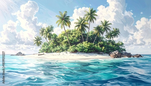 Fototapeta Naklejka Na Ścianę i Meble -  Tropical island oasis palm trees, sandy beach, clear turquoise water, fluffy clouds, and bright sunshine