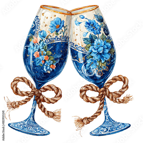 Celebration with two decorated glasses clinking together in a festive setting with floral designs and rope ties
