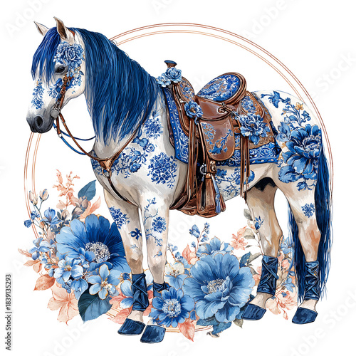 Horse with blue and white floral design saddle and flowers in background
