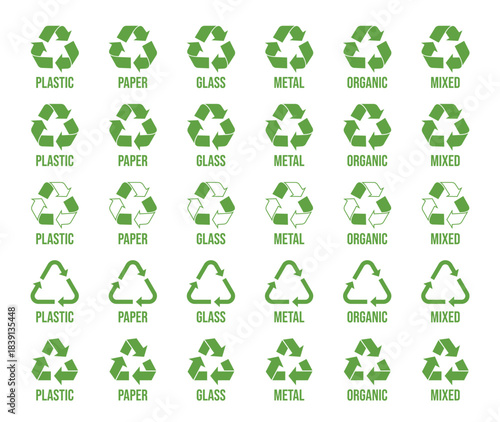 Garbage segregation. Waste separate, classification and recycling for different types of waste - plastic, paper, glass, metal, organics and others