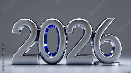 Ultra-realistic 3D render, a sleek, modern abstract design featuring metallic spheres and geometric forms, the numbers 2026 integrated seamlessly, with a polished chrome finish.