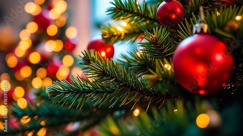 Ultra-realistic illustration of a beautifully decorated Christmas tree, vibrant green and red hues, glowing fairy lights, bokeh effect, close-up detail