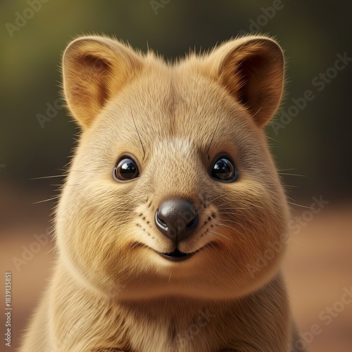Close-up portrait of a cute and happy quokka smiling directly at the camera in its natural habitat.