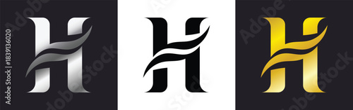 luxury letter h logo icon set in gold silver and black with modern wave design