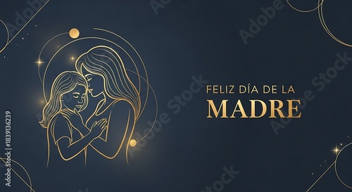 A luxurious minimalist Mother’s Day banner featuring thin, gold-foil line art of a mother and daughter in a tender pose, set against a matte midnight-blue background.
