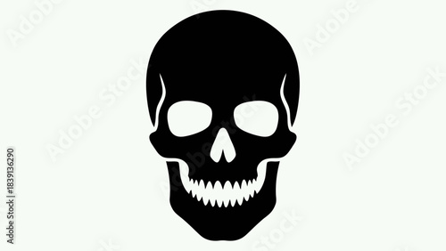 Skull Silhouette: Black Frontal View Illustration with Eye Sockets, Teeth, and Nasal Cavity for Hazard UI and Symbolic Visual Storytelling