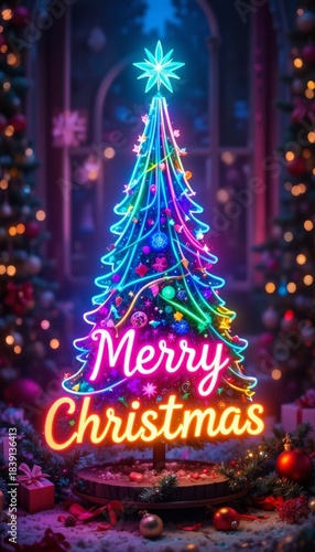A festive outdoor Christmas scene featuring a decorated merry christmas text, glowing garlands, colorful tree and ornaments, and a snowy landscape under twilight sky. Warm holiday spirit in winter