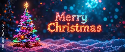 A festive outdoor Christmas scene featuring a decorated merry christmas text, glowing garlands, colorful tree and ornaments, and a snowy landscape under twilight sky. Warm holiday spirit in winter