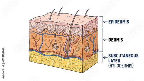 Human Skin Anatomy Diagram: Labeled Layers of Epidermis, Dermis, and Subcutaneous Tissue with Hair Follicles, Glands, and Blood Vessels for Medical UI and Educational Visual Storytelling