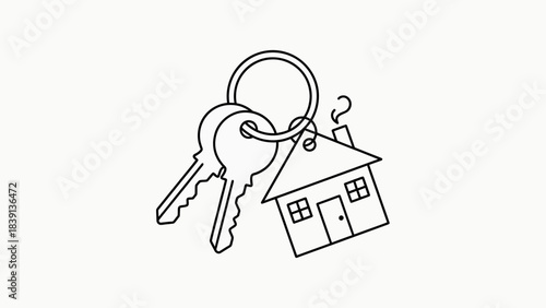 Homeownership Symbol: Black-and-White Line Drawing of Keys with House-Shaped Keychain for Real Estate UI and Property-Themed Visual Storytelling