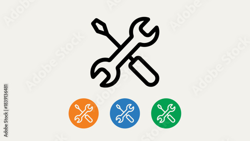 Tool & Maintenance Icons: Crossed Wrench and Screwdriver in Black and Multicolor Circular Variants for Settings UI and Repair-Themed Visual Storytelling
