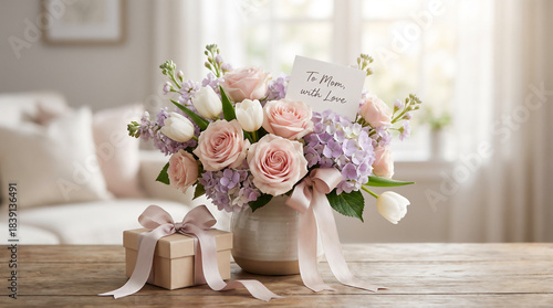 Mother's Day Floral Gift Background with Spring Flowers and Pink Ribbons — Elegant Seasonal Background Photography