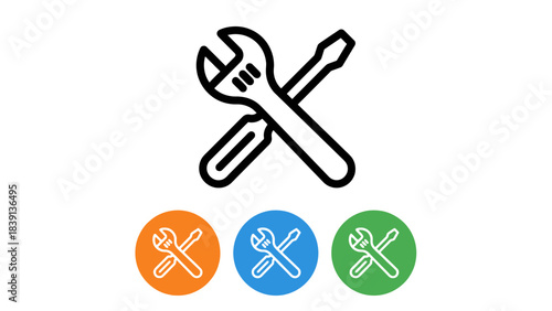 Tool & Maintenance Icons: Crossed Wrench and Screwdriver in Black and Multicolor Circular Variants for Settings UI and Repair-Themed Visual Storytelling