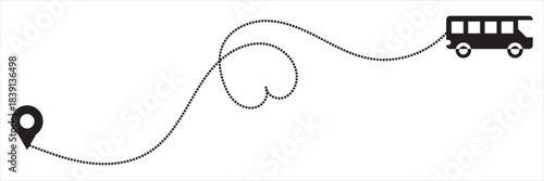 Romantic Travel Route Illustration with Bus and Pin. Minimal red bus graphic following a heart-shaped dotted path toward a destination pin, symbolizing love, journey, adventure, and travel planning.