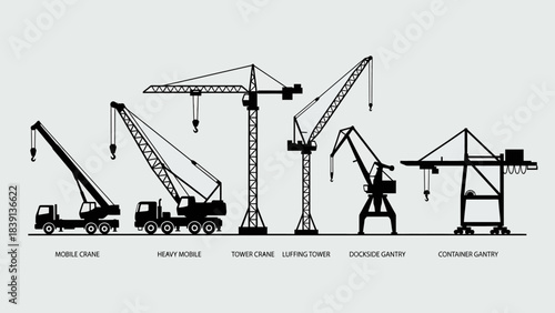 Crane Type Silhouettes: Comparative Industrial Illustration Featuring Mobile, Tower, Gantry, and Lifting Cranes for Engineering UI and Construction-Themed Visual Storytelling