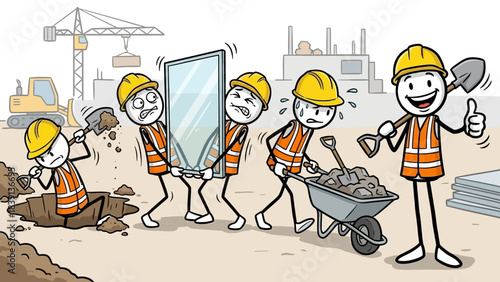 Construction Site Cartoon: Stick-Figure Workers in Hard Hats Performing Tasks with Crane, Mixer Truck, and Building Elements for Teamwork UI and Engineering-Themed Visual Storytelling